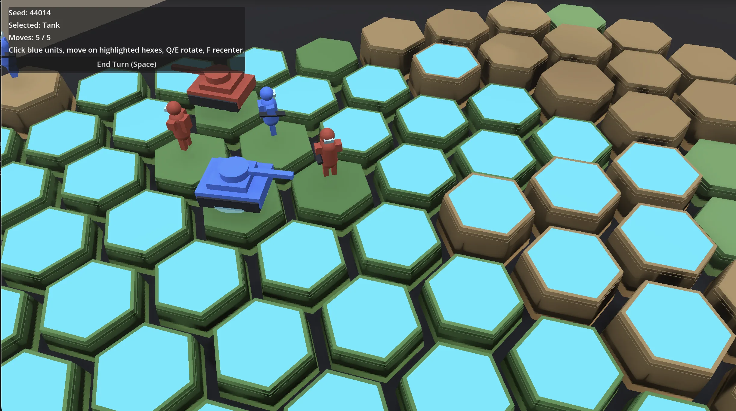 Close gameplay screenshot showing placeholder tanks and enemy units on the hex grid.